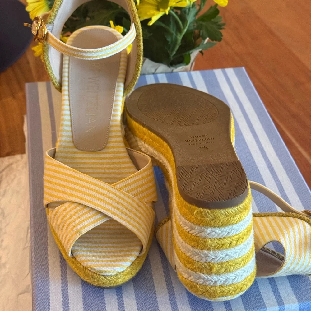 Stuart Weitzman Yellow and White Striped Wedge Espadrilles - Picture 3 of 7